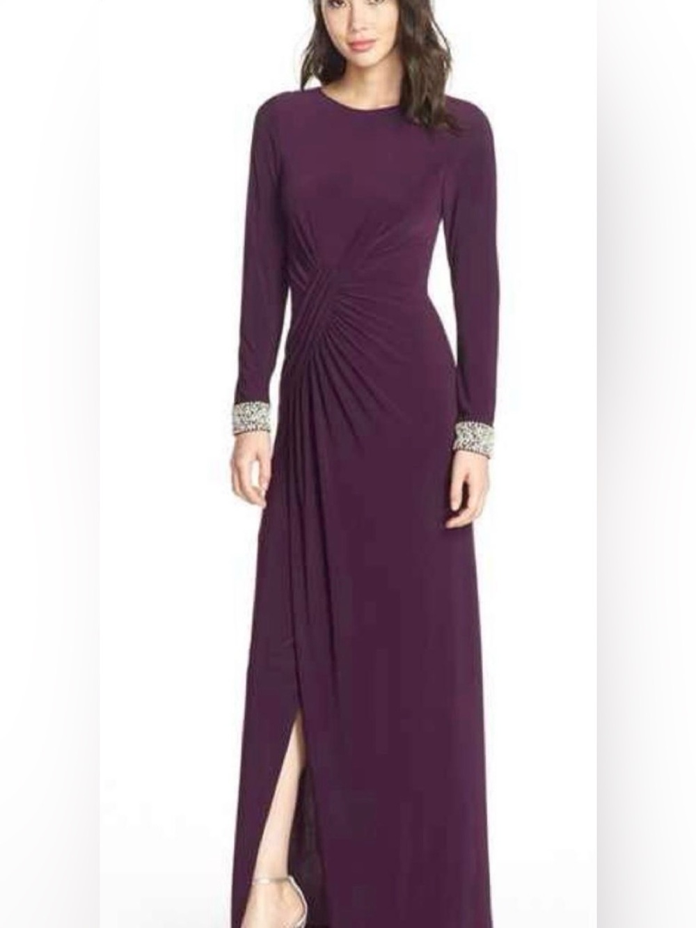 Burgundy long sleeve Vince Camuto jersey knit long sleeve gown.